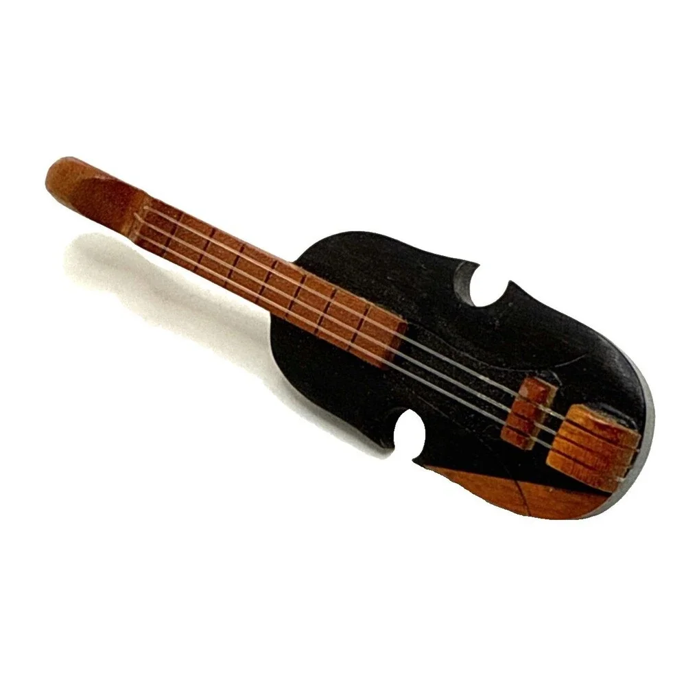 Vintage Hand Carved Wood Violin Brooch Musical String Instrument Pin 3 1/8